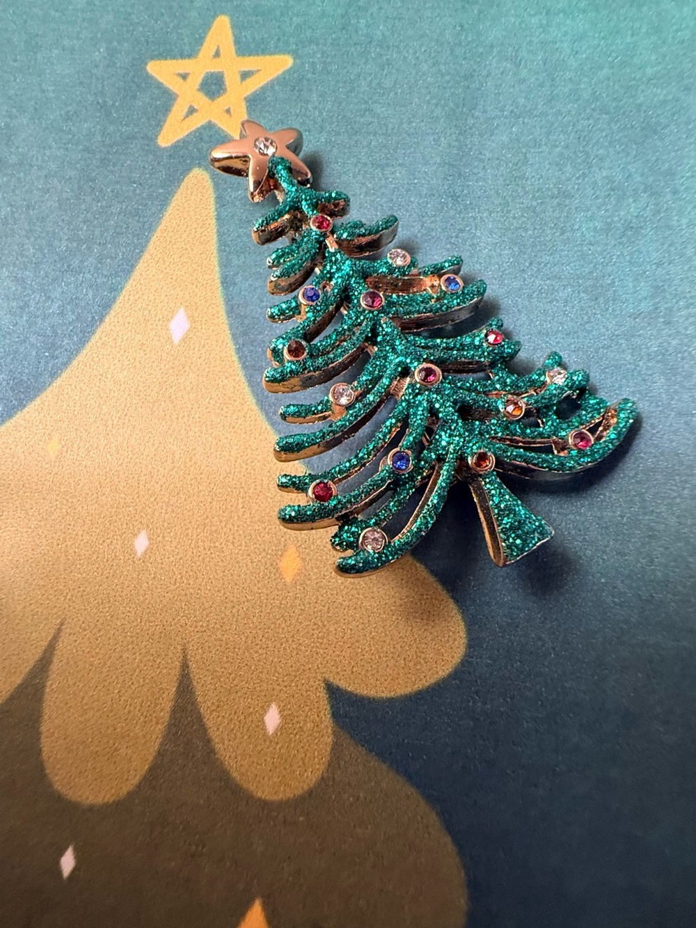 Green Glitter Christmas Tree Brooch with Multicolor Rhinestones